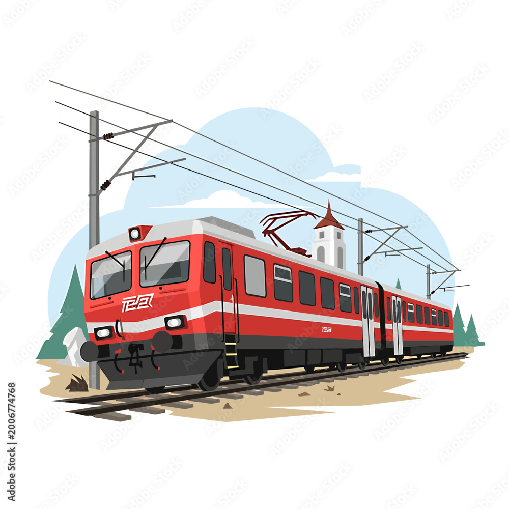 Fototapeta premium Red and white passenger train traveling on electric railway tracks