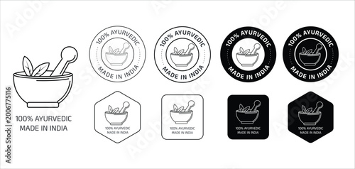 set of Ayurvedic product stamps featuring herbal bowl and leaf icons. This collection includes circular, square, and hexagon badge variations with “100% Ayurvedic. Made in India” text. Ideal for natur
