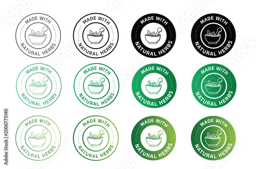 A premium collection of “Made With Natural Herbs” badges featuring a clean mortar and pestle icon symbolizing herbal and ayurvedic ingredients. This versatile set includes multiple design variations. 