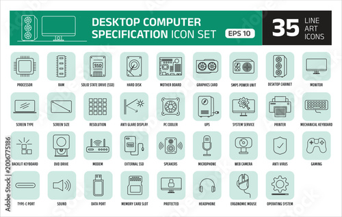 Desktop Computer Icons Set – PC Hardware, Components, Technology Line Art.desktop computer specification icon set featuring 35 minimal line icons representing essential PC hardware and accessories. 