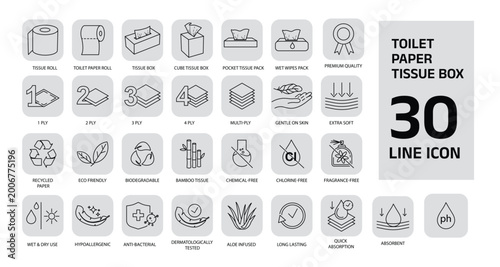 Toilet Paper and Tissue Box Line Icon Set – A clean and modern toilet paper and tissue box icon set featuring 30 minimal line icons designed for packaging. vector illustration