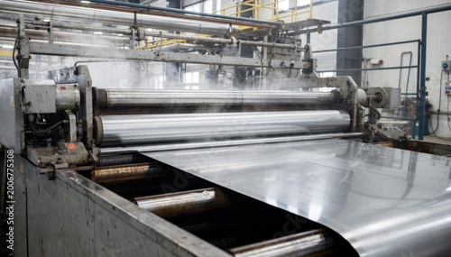 Medium shot of industrial pickling machinery with acid tanks and automated rollers treating metal strip surfaces in a controlled manufacturing environment.
