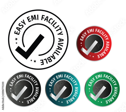 A clean and modern Easy EMI Facility Available badge set designed for financial promotions, eCommerce platforms, and retail marketing.  The set includes multiple color variations such as red, green, t