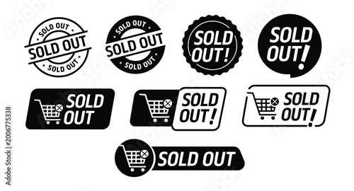 A modern collection of “Sold Out” labels, badges, and stickers designed in a clean black and white style. This set includes circular stamps, seal badges, speech bubbles, and e-commerce cart icons indi