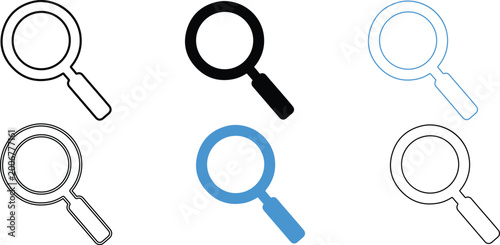 Collection of various magnifying glass icons in different colors and line styles for search and investigation purposes
