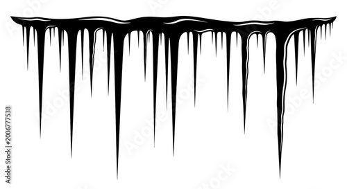Photos Black liquid drips falling from a horizontal line on a white background creating