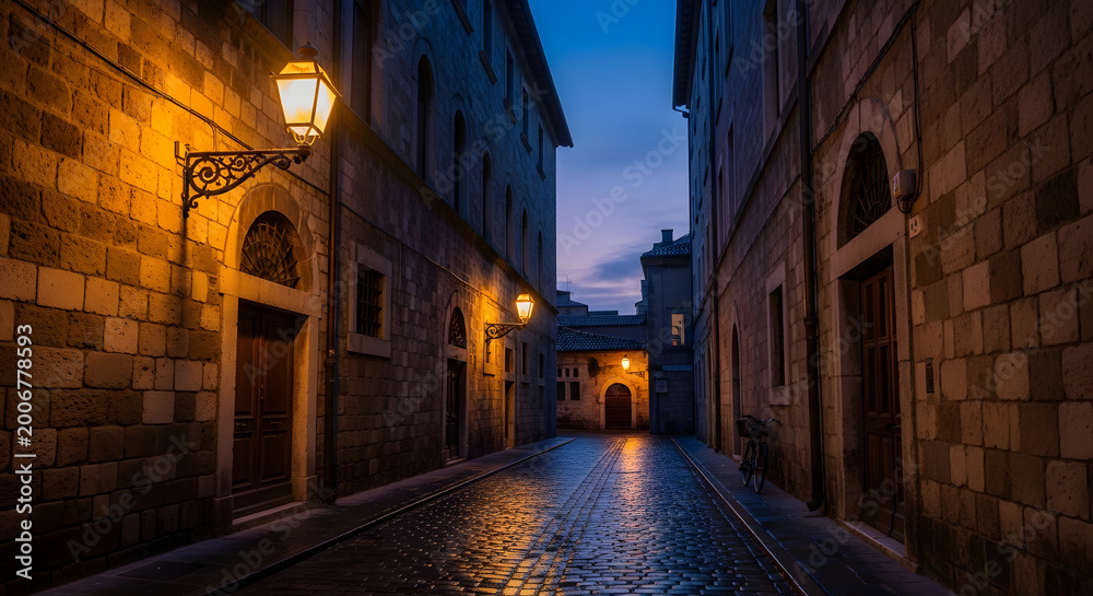 Fototapeta premium Narrow alleyway with lantern at dusk isolated on white background