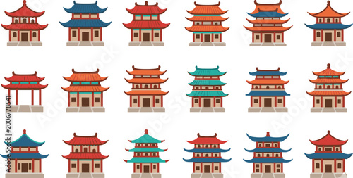 Tablou pe pânză Large collection of traditional Asian pagoda and temple building icons in flat vector style for oriental travel and culture design