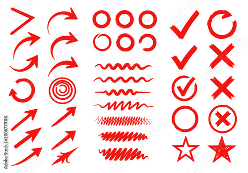 Red line icons set for ui design, including arrows, checkmarks, and symbols