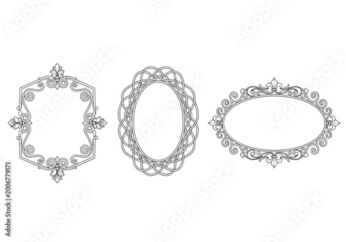 Ornate oval frame borders for photo and picture design, elegant vector illustrations
