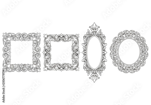 Ornate picture frame designs with floral patterns and gemstones, empty frames for photo or artwork