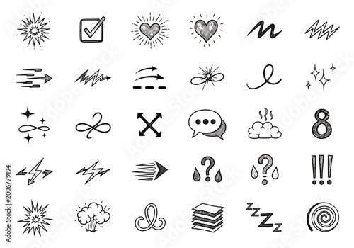 Doodle style icons set for chat, emotions, and reactions, minimalist line icons