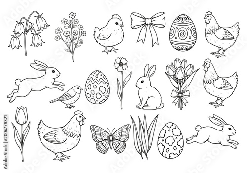 Easter icons set with rabbits, eggs, and spring flowers, line art style
