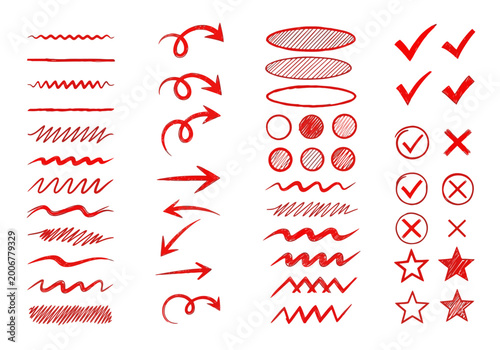Red scribble and shape icons for editing and design, vector symbols