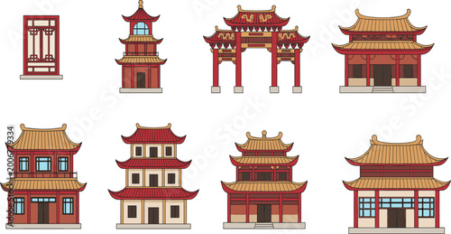 Fotografie Traditional Chinese and Japanese architectural building icon set featuring pagodas, temples, gates, and ancient oriental houses in flat vector style