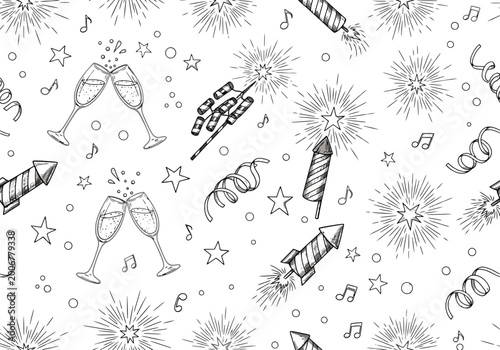 Seamless party pattern background with fireworks, champagne and music notes for celebration design, black and white illustration