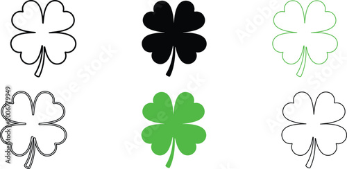 Collection of various clover leaf illustrations in different colors and line styles on white background