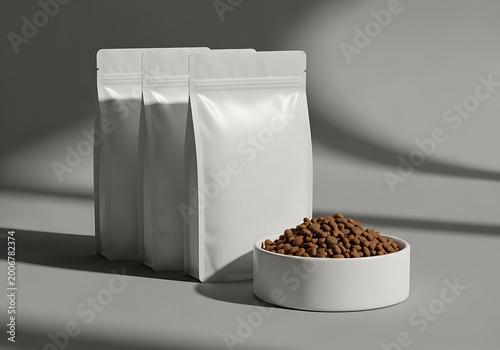 Pet food packaging mockup with bowl and kibble bag set