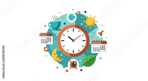 Time Management and Productivity Concept Illustration with Clock, Calendar, and Daily Routine Icons. Flat Vector Design for Planning and Scheduling.