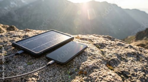 Portable solar panel charging a smartphone on a mossy rock in the mountains during a bright sunny day with no people