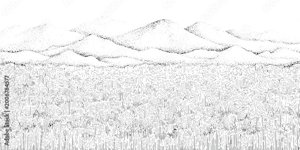 Fototapeta premium Monochrome sketch landscape, wide field of flowers, distant rolling mountains, delicate pen line art, minimal and serene nature scene vector.
