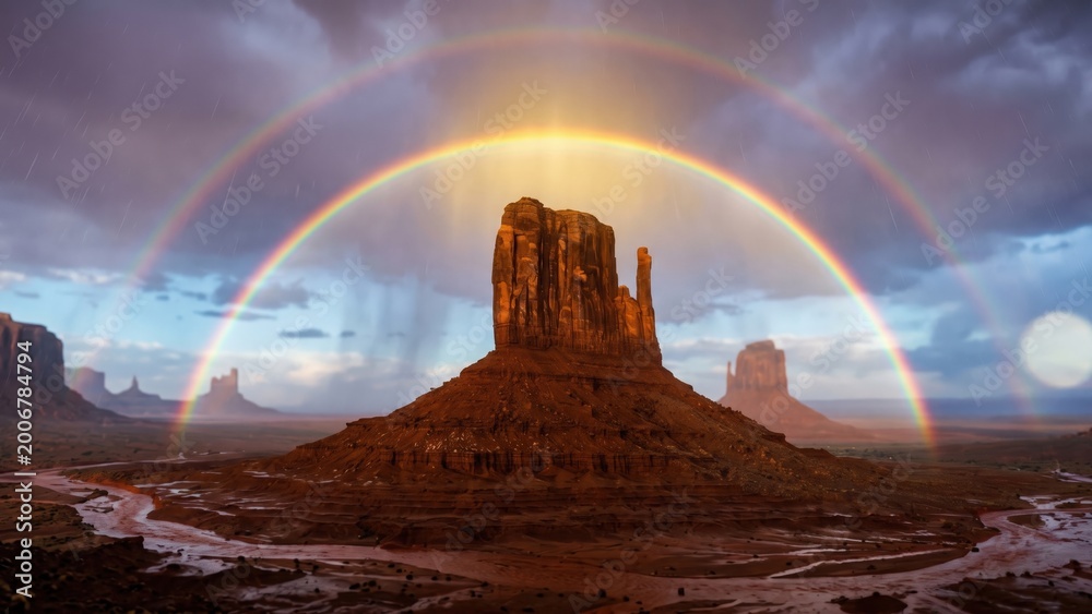 Fototapeta premium Monsoon Rain Over Desert Rock Formations – Dramatic Rainbow Landscape Scene