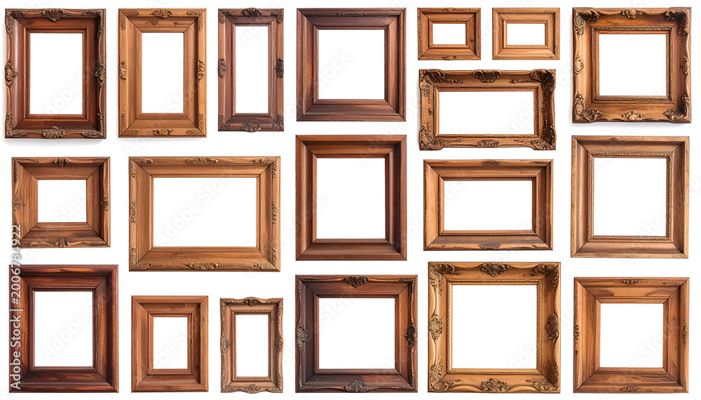Fototapeta premium Collection of Assorted Wooden Picture Frames Displayed on a White Background.