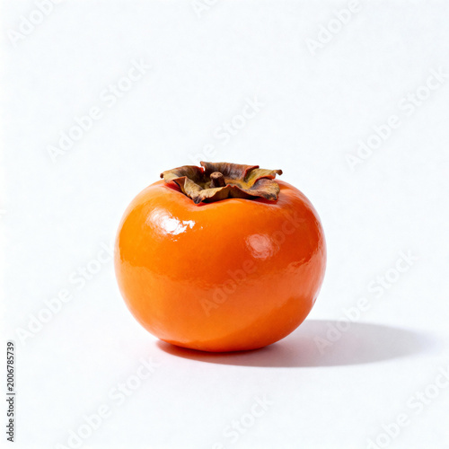 Single ripe orange persimmon on white background, glossy skin, natural winter produce lighting, clean commercial style