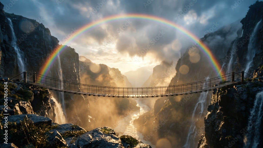 Naklejka premium Rainbow Above Ancient Himalayan Bridge – Dramatic Monsoon Gorge Landscape