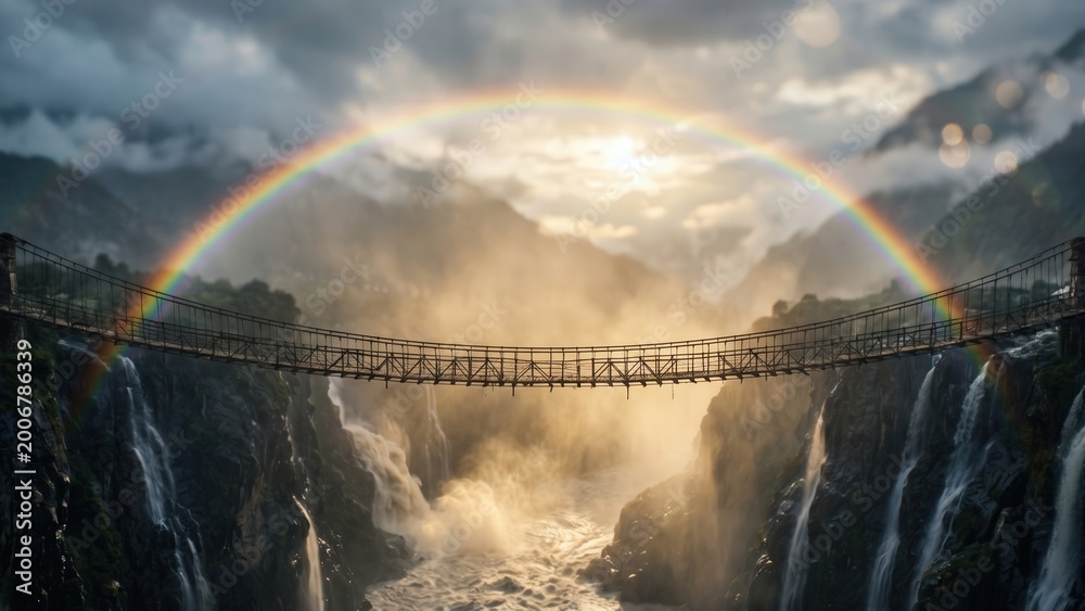 Obraz premium Rainbow Above Ancient Himalayan Bridge – Dramatic Monsoon Gorge Landscape