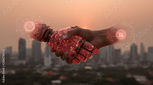 Human and Robot Handshake Symbolizing AI Collaboration and Future Technology