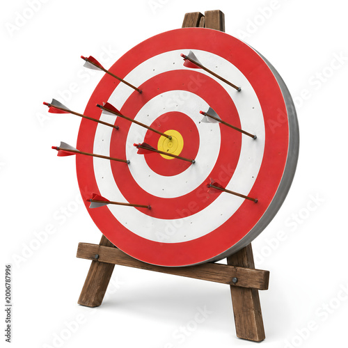 A professional 3d render of a red target with arrows hitting the center bullseye to symbolize business success, marketing accuracy, and the winning goal in a competitive archery sport game