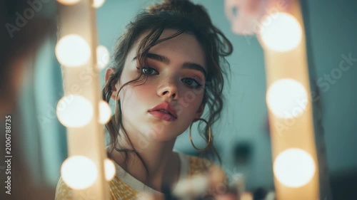 Young woman with freckles and makeup looking in mirror with vanity lights