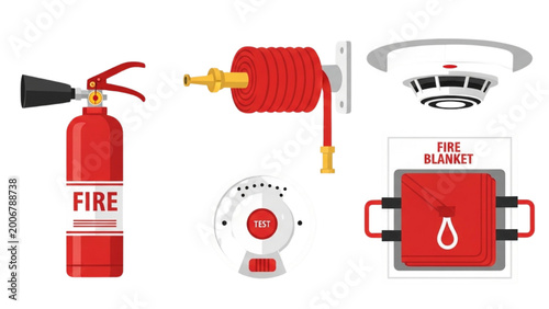 Fire Prevention Icon Set, Flat Vector Fire Extinguisher, Fire Hose, Smoke Detector and Fire Blanket Icons, Emergency Safety Equipment Symbols