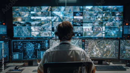 Security operator monitoring surveillance feeds in a hightech command center