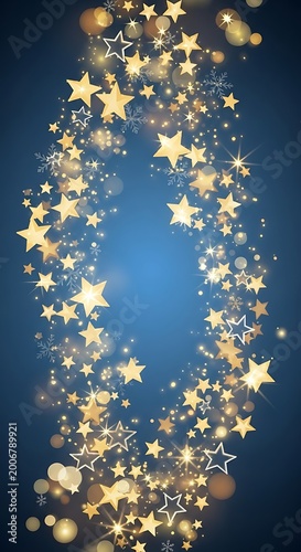 Golden stars and bokeh lights swirl upwards on a deep blue background