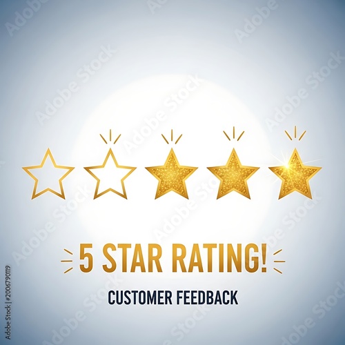 Golden stars and text highlight a 5-star customer feedback rating