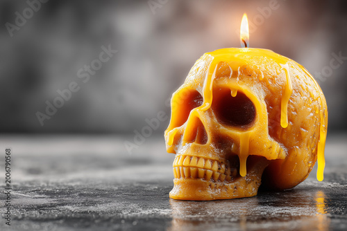 Skull Shaped Candle with Melting Wax and Flame in Dark Moody Setting