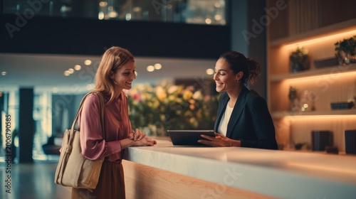 A friendly hotel receptionist assists a guest at the front desk