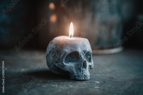 Skull Shaped Candle with Melting Wax and Flame in Dark Moody Setting