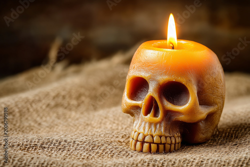 Skull Shaped Candle with Melting Wax and Flame in Dark Moody Setting