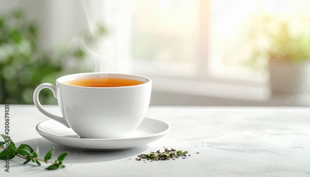 Fototapeta premium White Cup of Tea with Steam and Tea Leaves
