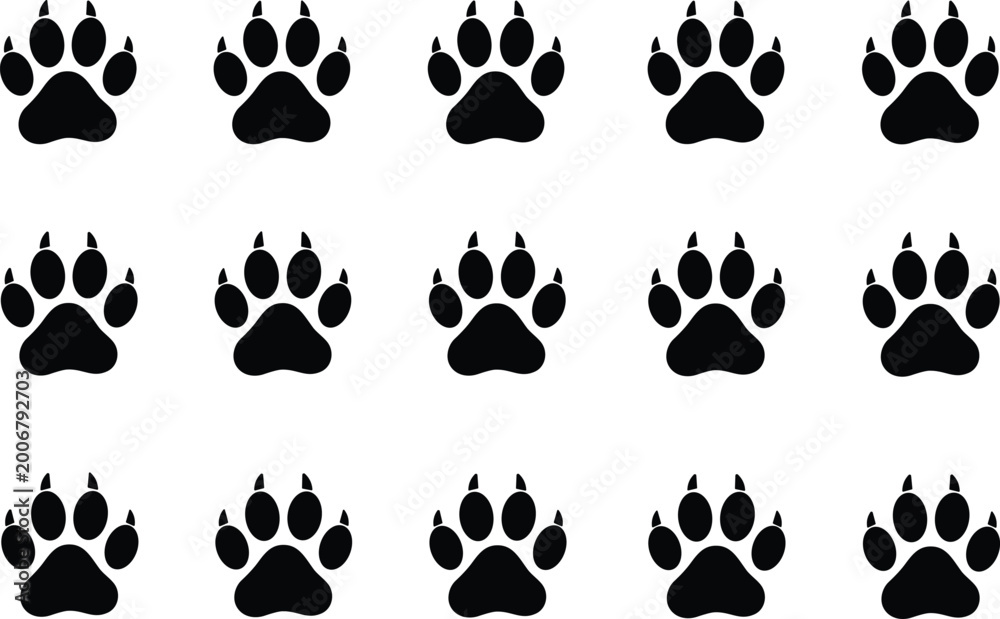 Fototapeta premium Grid of multiple animal paw print icons arranged in uniform rows and columns for pets, wildlife, tracking, and design themes