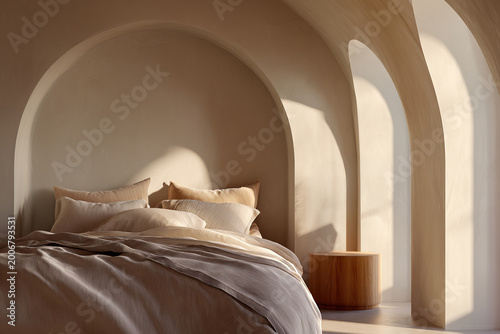 Cozy minimalist bedroom with soft bedding and warm sunlight through arched window