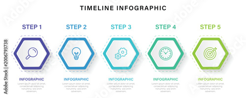 Timeline Infographic template. 5 step business process. Hexagon design with 6 steps, options, list, process, points. Vector illustration.