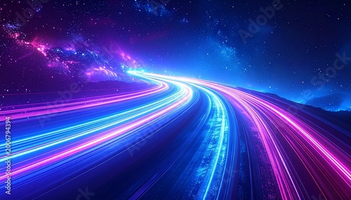 Glowing light trails in cyber motion create dynamic energy patterns, blending futuristic digital aesthetics with vibrant luminous streaks, suggesting speed, technology, abstract movement, and flowing 