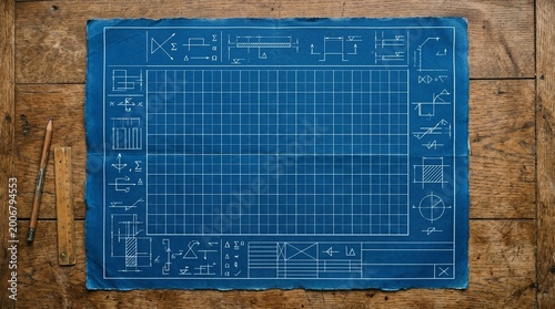 Tableau sur toile Blank Blue Blueprint Paper With Technical Symbols On Wooden Desk