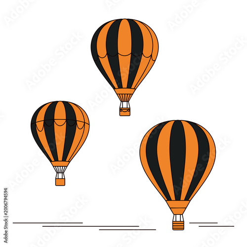 Three Black and Orange Striped Hot Air Balloons - Concept of Adventure and Celebration