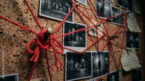 Photos Detective Investigation Board With Blank Photos Connected By Red String