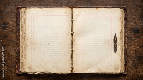 Фотография Vintage Blank Lined Ledger Book Resting On Wooden Desk With Pen